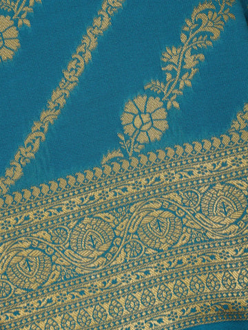 Cyan Blue Floral Design Silk Saree - Diadem
