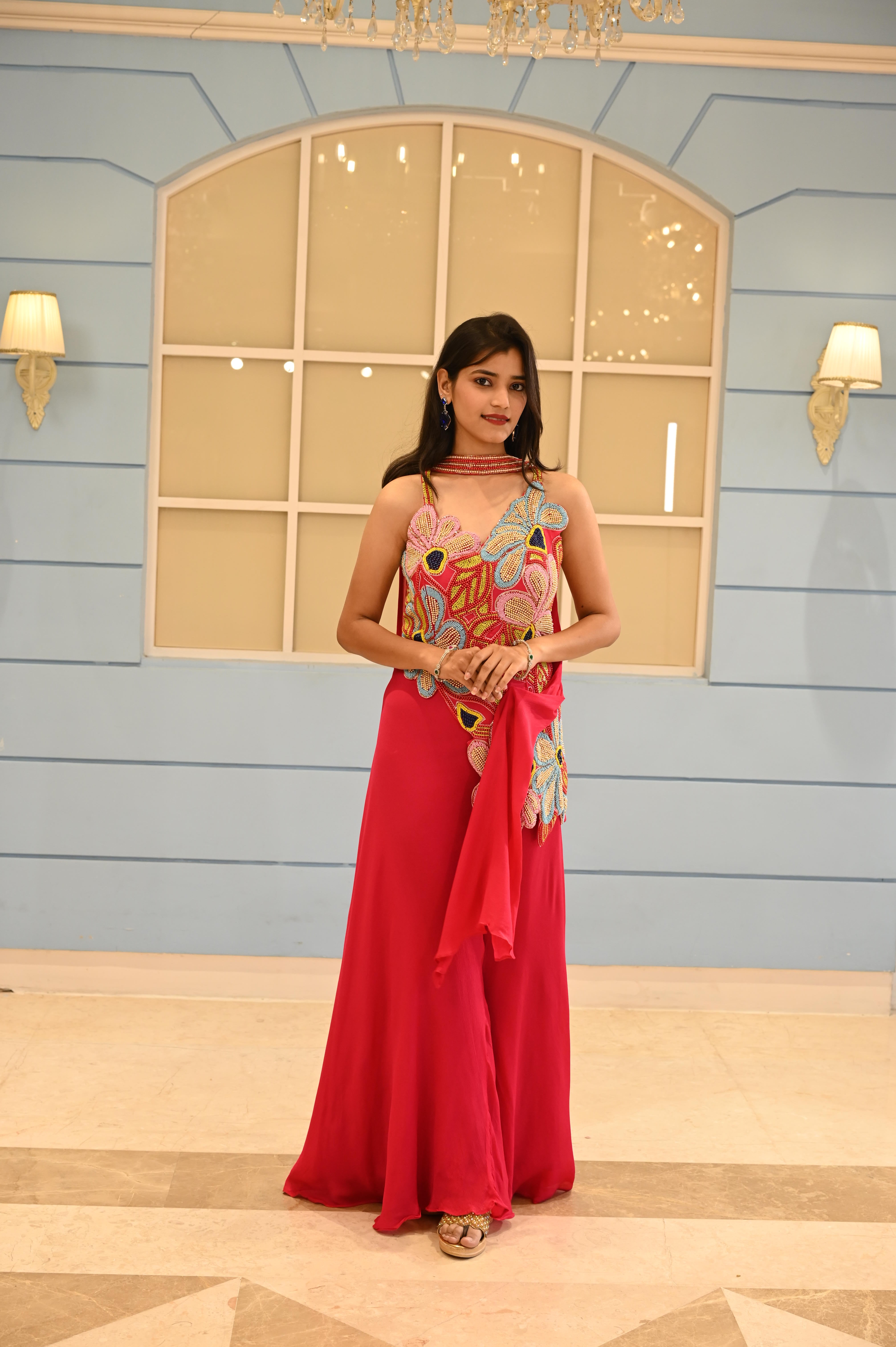 Dark Pink Heavy Floral Beads Embroidered Design Chiffon Palazzo Suit