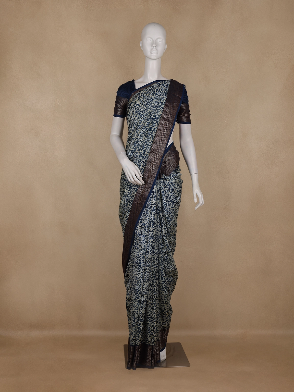 Dark Blue Block Print Chandheri Cotton Saree