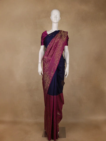Dark Blue Floral Designed Kanchipuram Silk Saree With Zari Border - Diadem