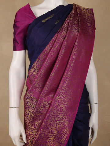 Dark Blue Floral Designed Kanchipuram Silk Saree With Zari Border - Diadem