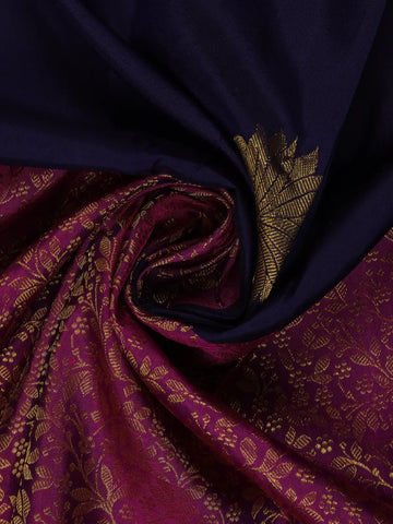 Dark Blue Floral Designed Kanchipuram Silk Saree With Zari Border - Diadem