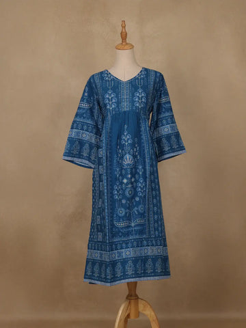 Dark Blue Floral Printed Cotton Kurti Top - Diadem