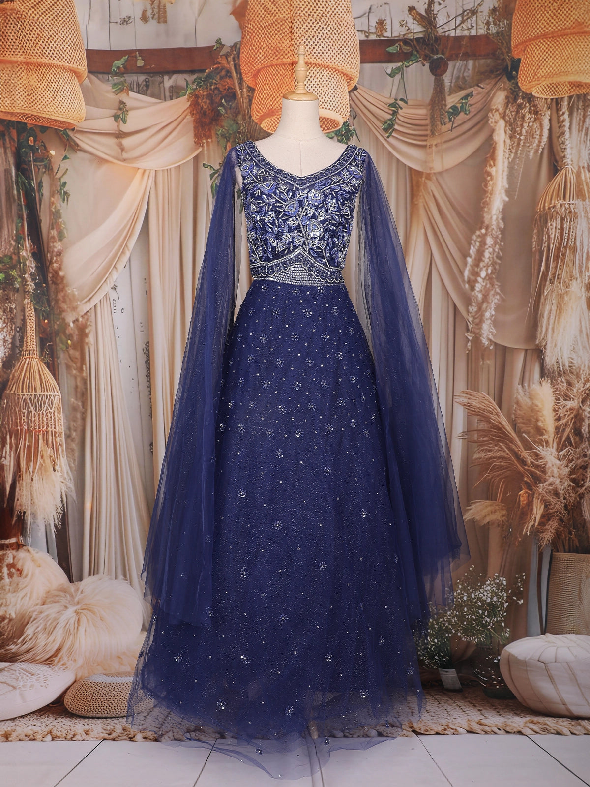 Dark Blue Sequins and Beads Embroidered Design Net Gown