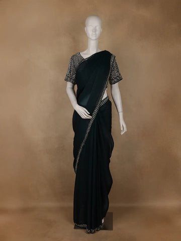 Dark Blue Solid Stone Embellished Border Organza Saree With Designer Blouse - Diadem