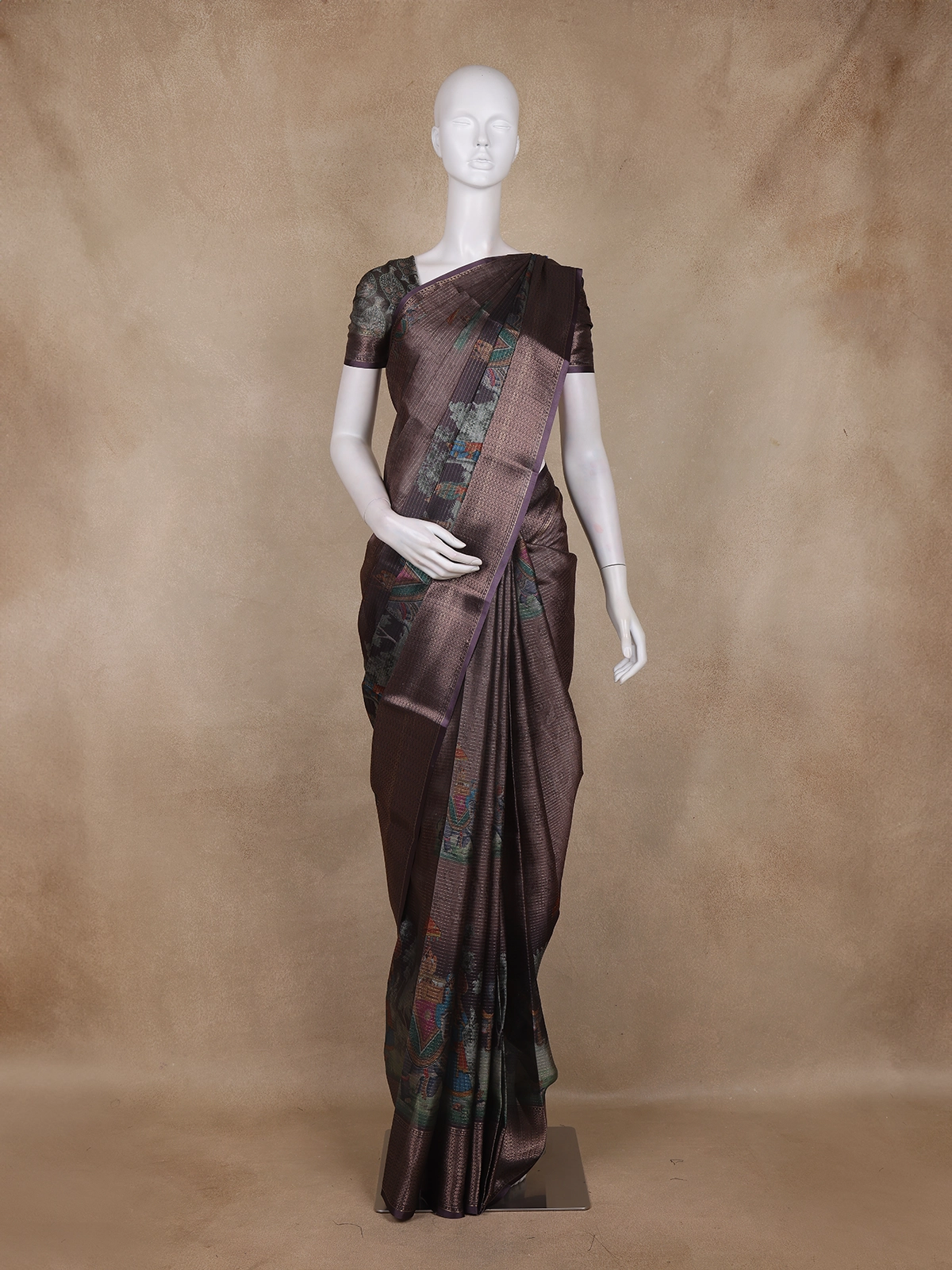 Dark Brown and Green Floral Woven Design Mixed Cotton Fancy Saree with Zari Border