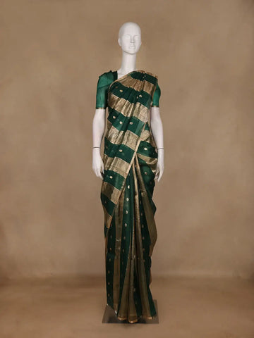 Dark Green And Gold Striped Tissue Organza Saree With Zari Buttas - Diadem