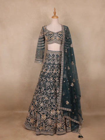Dark Green Floral Embroidered Bridal Net Lehenga Set - Diadem