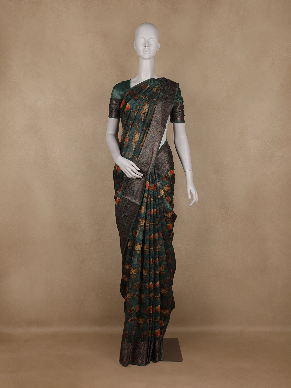 Green  Floral Print Chanderi Cotton Saree With Zari Border