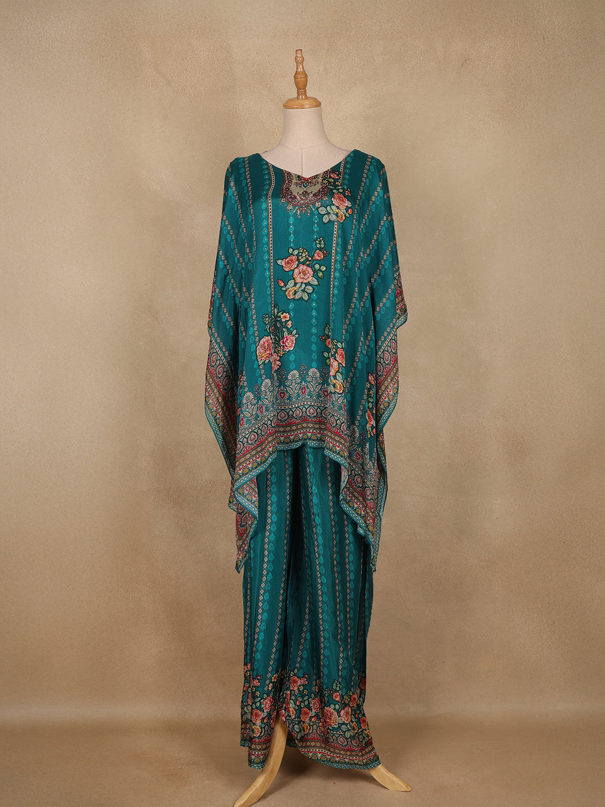 Dark Green Floral Printed Design Crepe Kaftan Suit