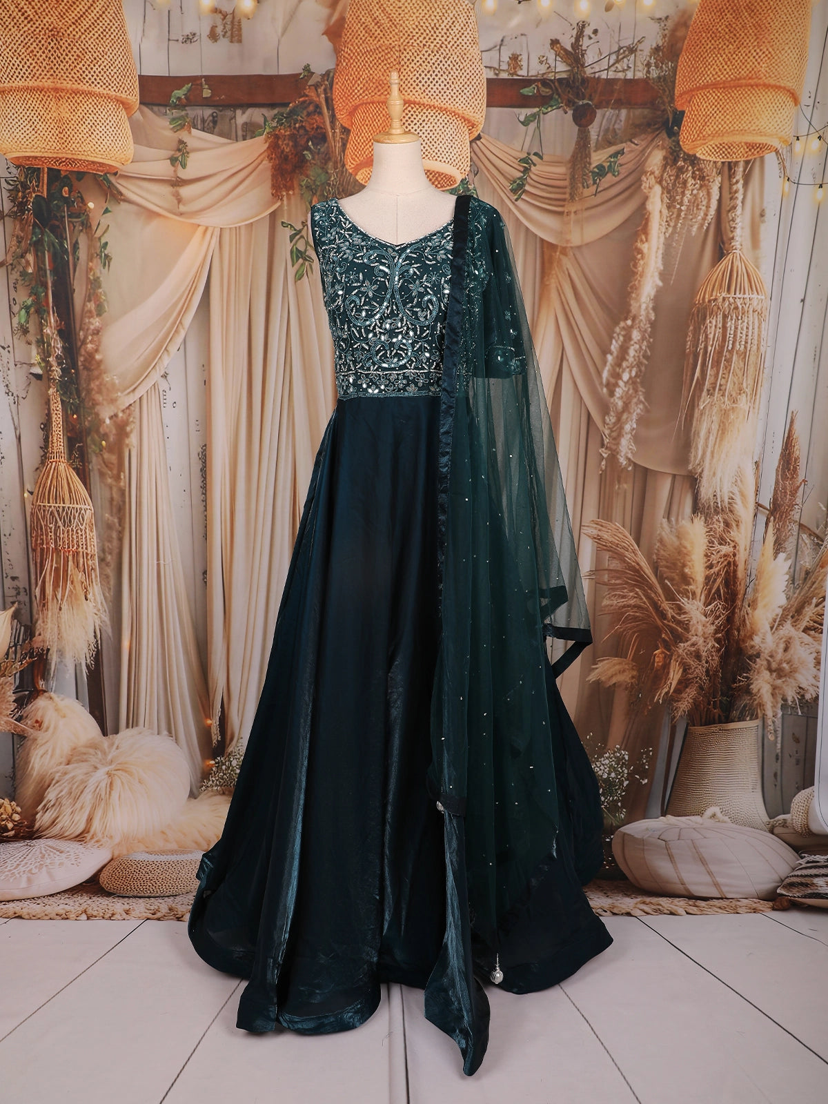 Dark Green Heavy Sequins and Thread Embroidered Design Satin Bridesmaids Gown | Diadem Dark Green Heavy Sequins and Thread Embroidered Design Satin Bridesmaids Gown | Diadem