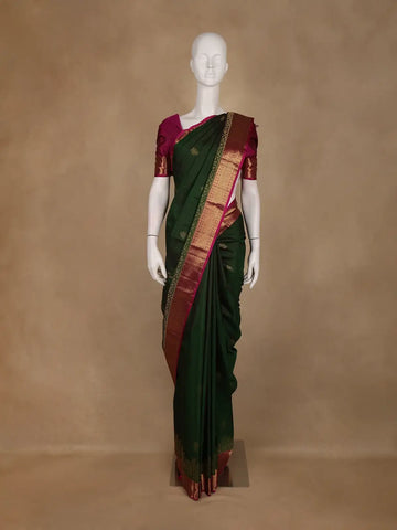 Dark Green Leaf Motif Woven Pure kanchipuram Silk Saree - Diadem