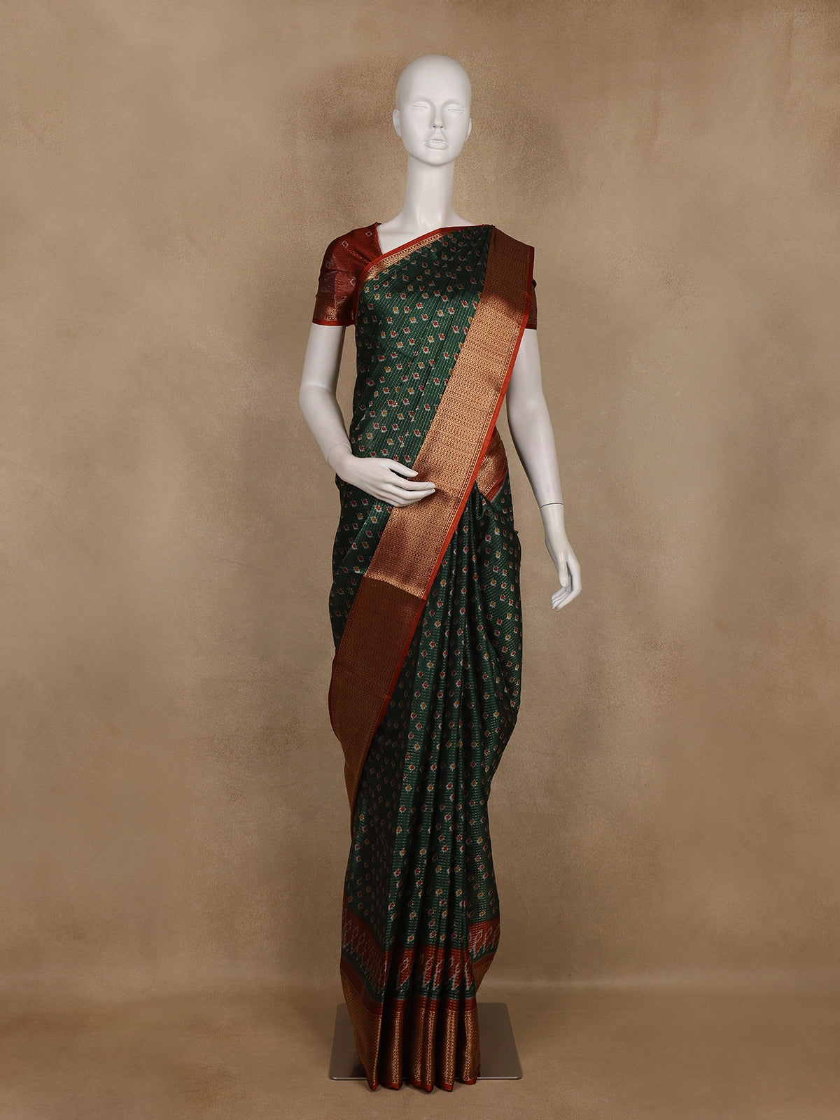 Dark Green Pochampally Ikat Design Cotton Saree with Zari Border