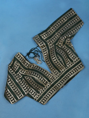 Dark Green Striped Design Georgette Readymade Blouse - Diadem