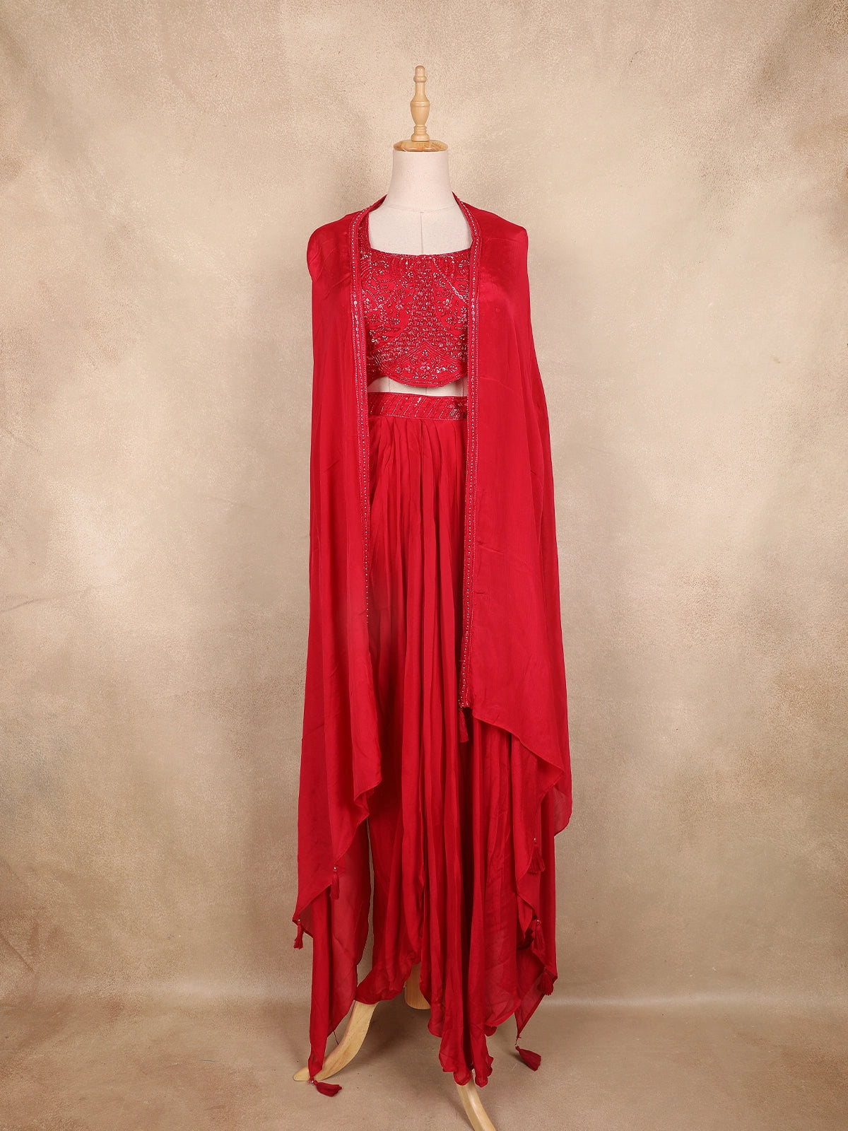Dark Pink Beads Embroidered Design Chiffon Skirt Top with Layered Cape