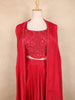 Dark Pink Beads Embroidered Design Chiffon Skirt Top with Layered Cape