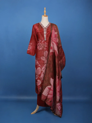Dark Pink Floral Designed Silk Salwar Suit - Diadem