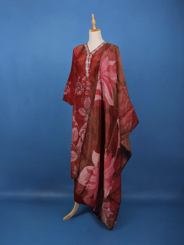 Dark Pink Floral Designed Silk Salwar Suit - Diadem