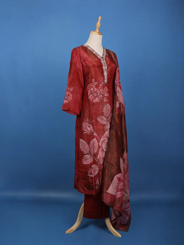 Dark Pink Floral Designed Silk Salwar Suit - Diadem