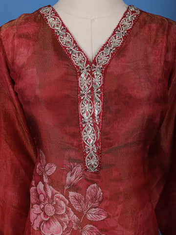 Dark Pink Floral Designed Silk Salwar Suit - Diadem