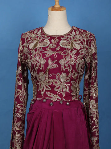 Dark Pink Floral Embroidered Satin Crop Top with Draped Skirt - Diadem