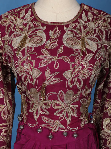 Dark Pink Floral Embroidered Satin Crop Top with Draped Skirt - Diadem