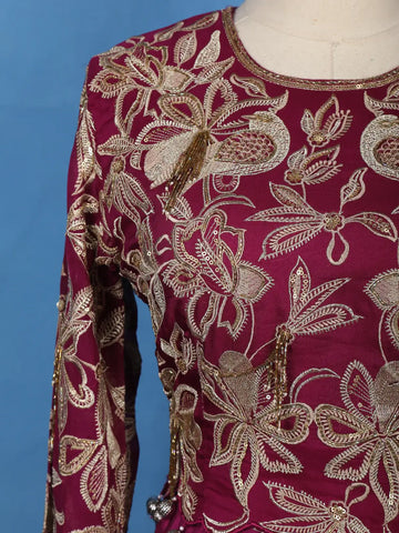 Dark Pink Floral Embroidered Satin Crop Top with Draped Skirt - Diadem