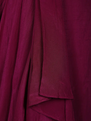 Dark Pink Floral Embroidered Satin Crop Top with Draped Skirt - Diadem