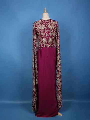 Dark Pink Floral Embroidered Satin Crop Top with Draped Skirt - Diadem