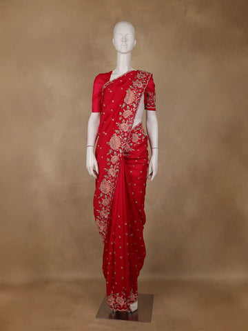 Dark Pink Floral Embroidered Satin Saree - Diadem
