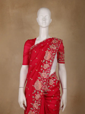 Dark Pink Floral Embroidered Satin Saree - Diadem