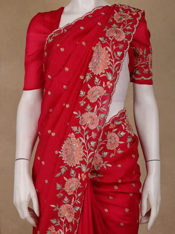 Dark Pink Floral Embroidered Satin Saree - Diadem