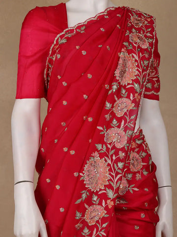 Dark Pink Floral Embroidered Satin Saree - Diadem