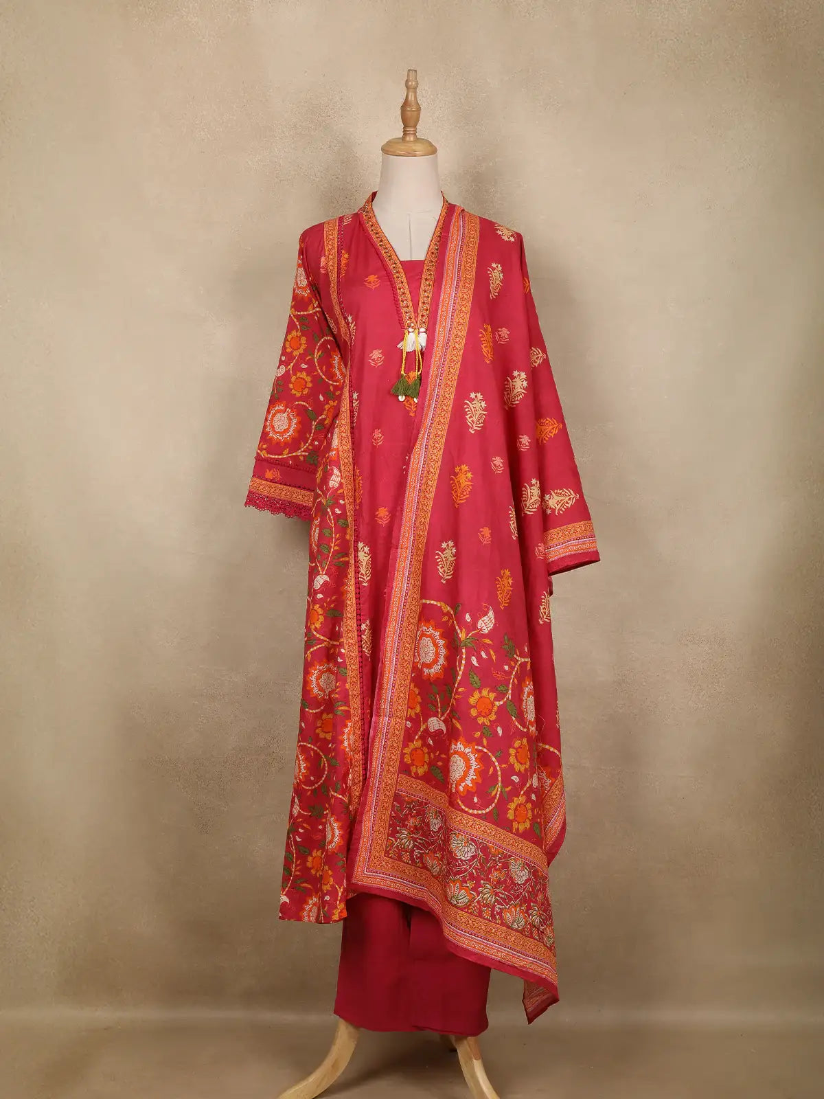 Dark Pink Floral Printed Cotton Salwar Suit With Dupatta - Diadem