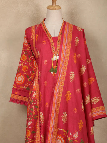 Dark Pink Floral Printed Cotton Salwar Suit With Dupatta - Diadem