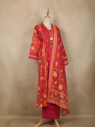 Dark Pink Floral Printed Cotton Salwar Suit With Dupatta - Diadem