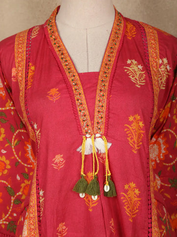 Dark Pink Floral Printed Cotton Salwar Suit With Dupatta - Diadem