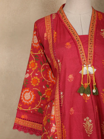 Dark Pink Floral Printed Cotton Salwar Suit With Dupatta - Diadem