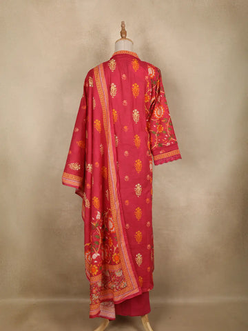 Dark Pink Floral Printed Cotton Salwar Suit With Dupatta - Diadem