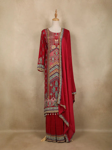 Dark Pink Floral Printed Synthetic Palazzo Salwar Suit - Diadem