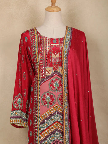 Dark Pink Floral Printed Synthetic Palazzo Salwar Suit - Diadem