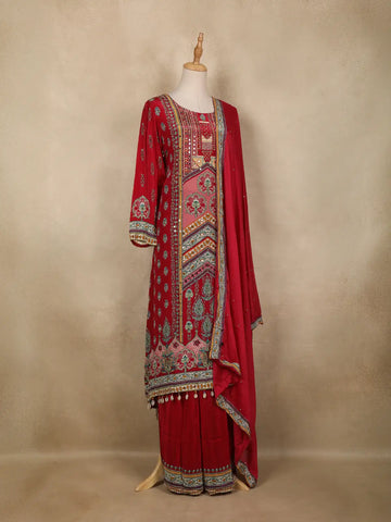 Dark Pink Floral Printed Synthetic Palazzo Salwar Suit - Diadem