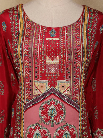 Dark Pink Floral Printed Synthetic Palazzo Salwar Suit - Diadem