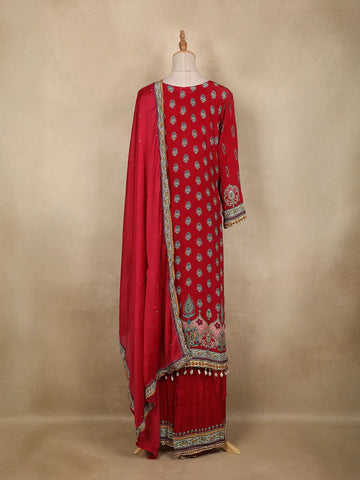 Dark Pink Floral Printed Synthetic Palazzo Salwar Suit - Diadem