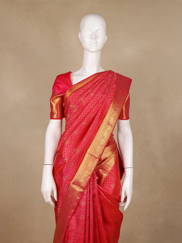 Dark Pink Floral Woven Pure Kanchipuram Silk Saree - Diadem