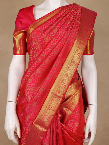 Dark Pink Floral Woven Pure Kanchipuram Silk Saree - Diadem