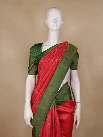 Dark Pink Floral Woven Pure Kanchipuram Silk Saree With Contrast Green Border - Diadem