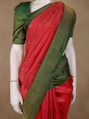 Dark Pink Floral Woven Pure Kanchipuram Silk Saree With Contrast Green Border - Diadem
