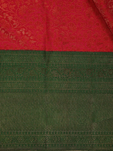 Dark Pink Floral Woven Pure Kanchipuram Silk Saree With Contrast Green Border - Diadem