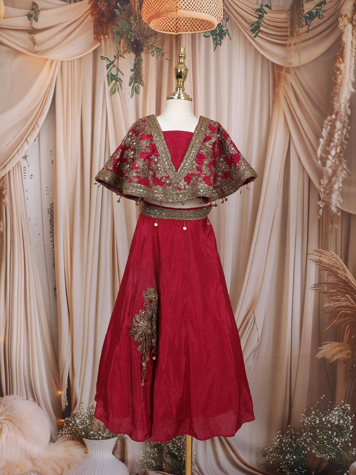 Dark Pink Sequins Design Crepe Kids Lehenga with Cape Overlay